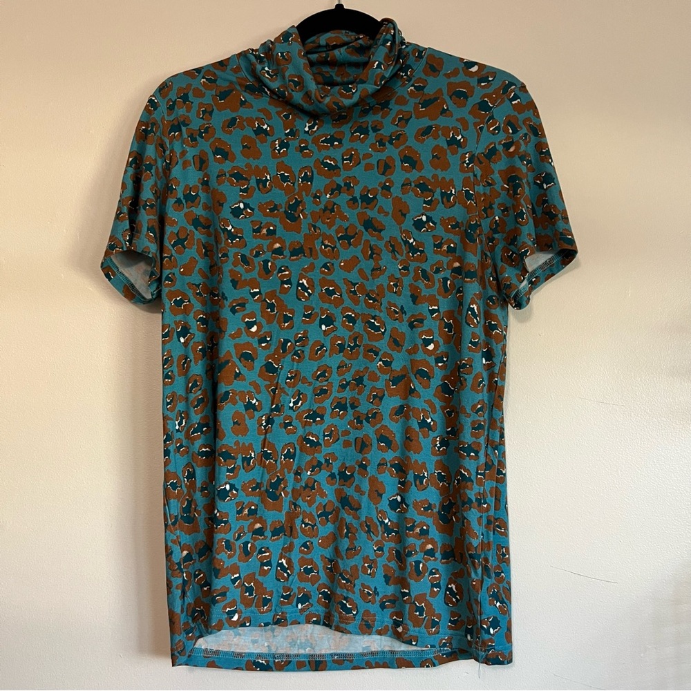 Tyler Boe Leopard Print Cowl Neck‎ Top Women’s Large Teal Brown Stretch
